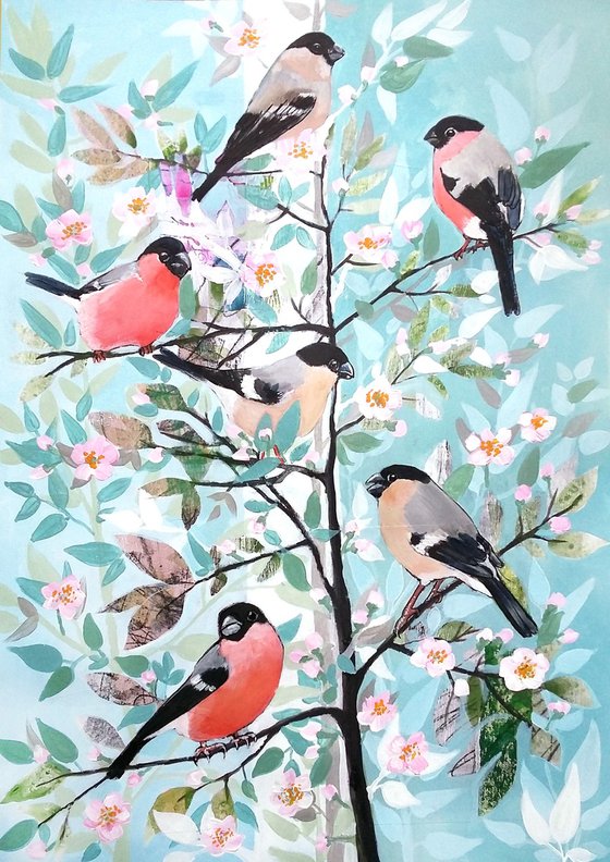 The dinner party ( Bullfinch mixed media painting )