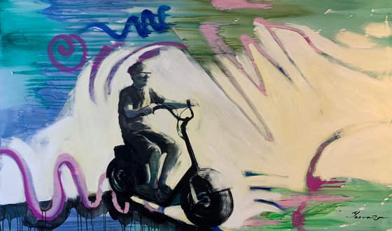 XXl Big painting - "Warm wind" - Pop Art - Sport - Electric scooter - Bike - Motorcycle - Street Art