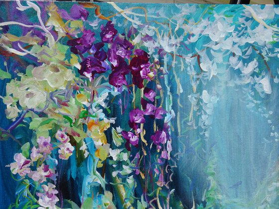 Abstract Landscape Large Flowers Painting. Tropical Floral Blue Teal Green Painting on Canvas. Modern Impressionism Art Pink Orchid White Purple Flowers Floral Garden Botanical Impressionism.