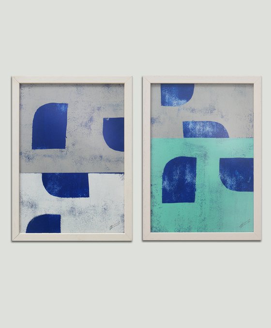 Diptych - Art on Paper - Incl Frame - Grey & Blue Stacked 24J