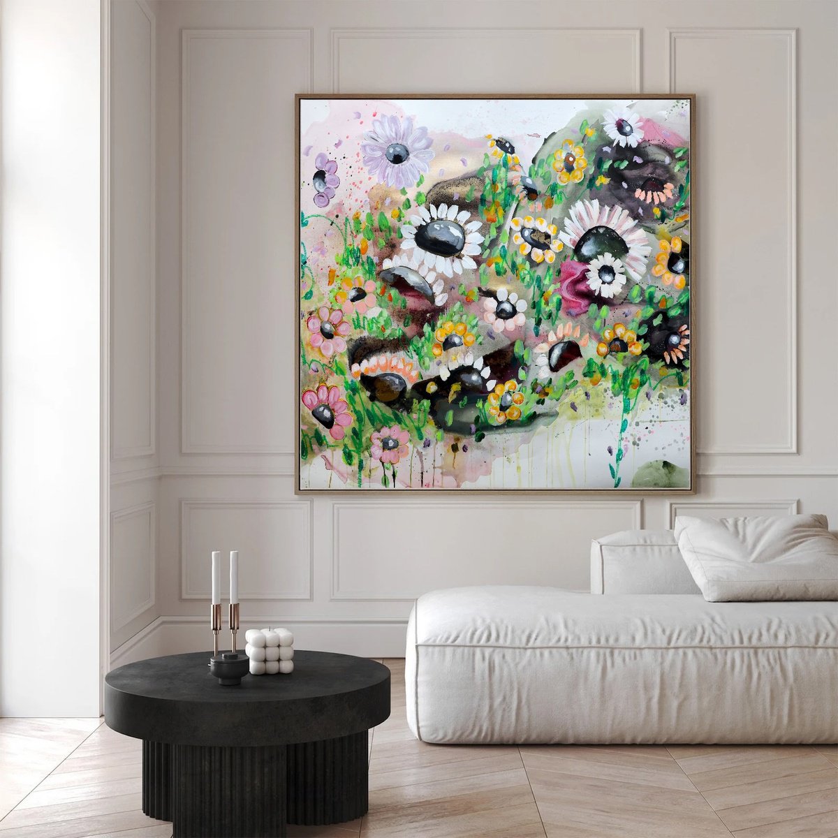 Abstract Landscape Painting By Poovi Art, 38 X 35", Cosmic Flowers, Original Artwork