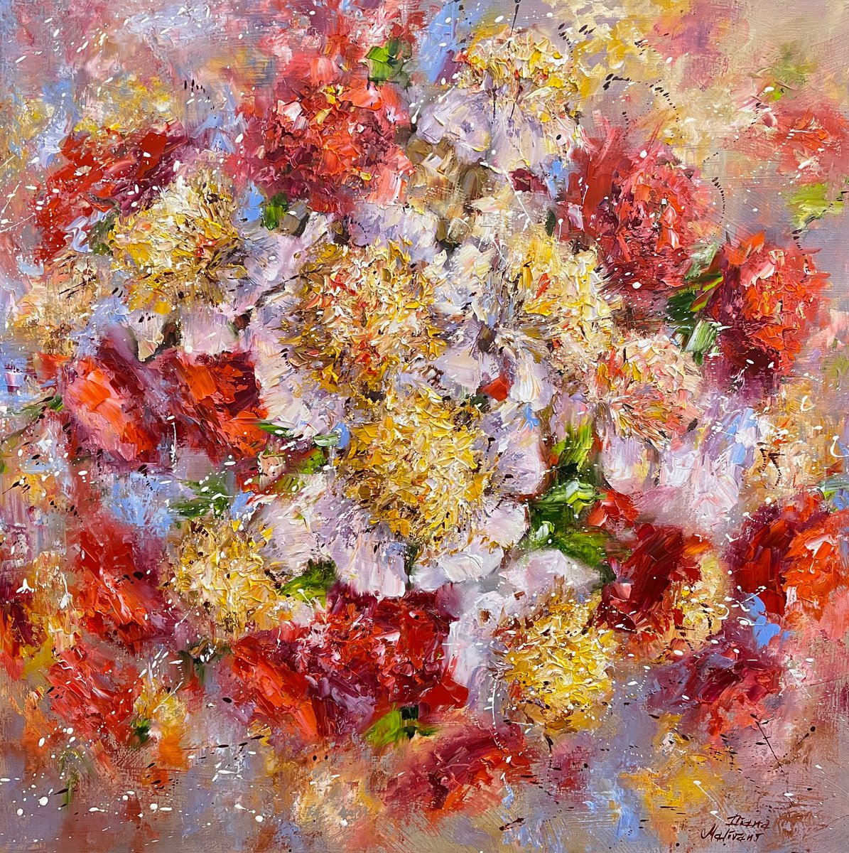 Impressionistic Botanical Oil Painting By Diana Malivani, 31 X 31, Quand Les Fleurs Chantent, Original Artwork