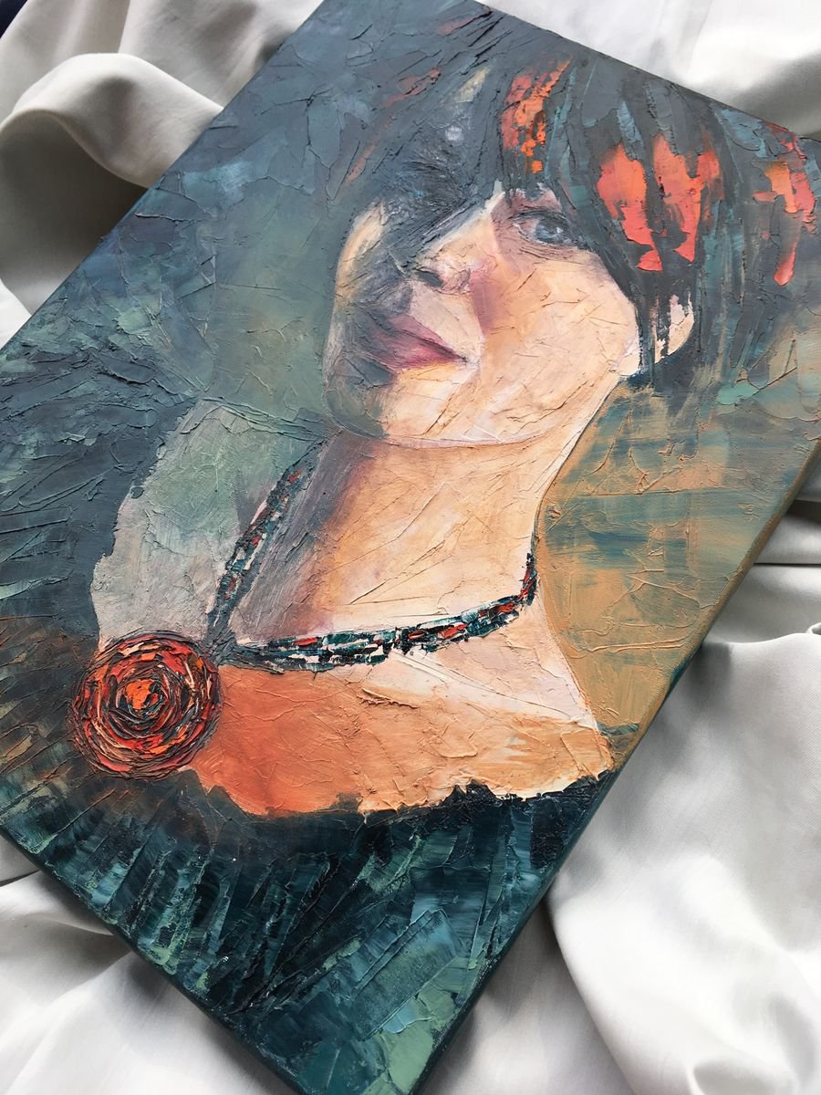 Still in Love with You - 40 x 30 cm, very textured abstract oil portrait painting