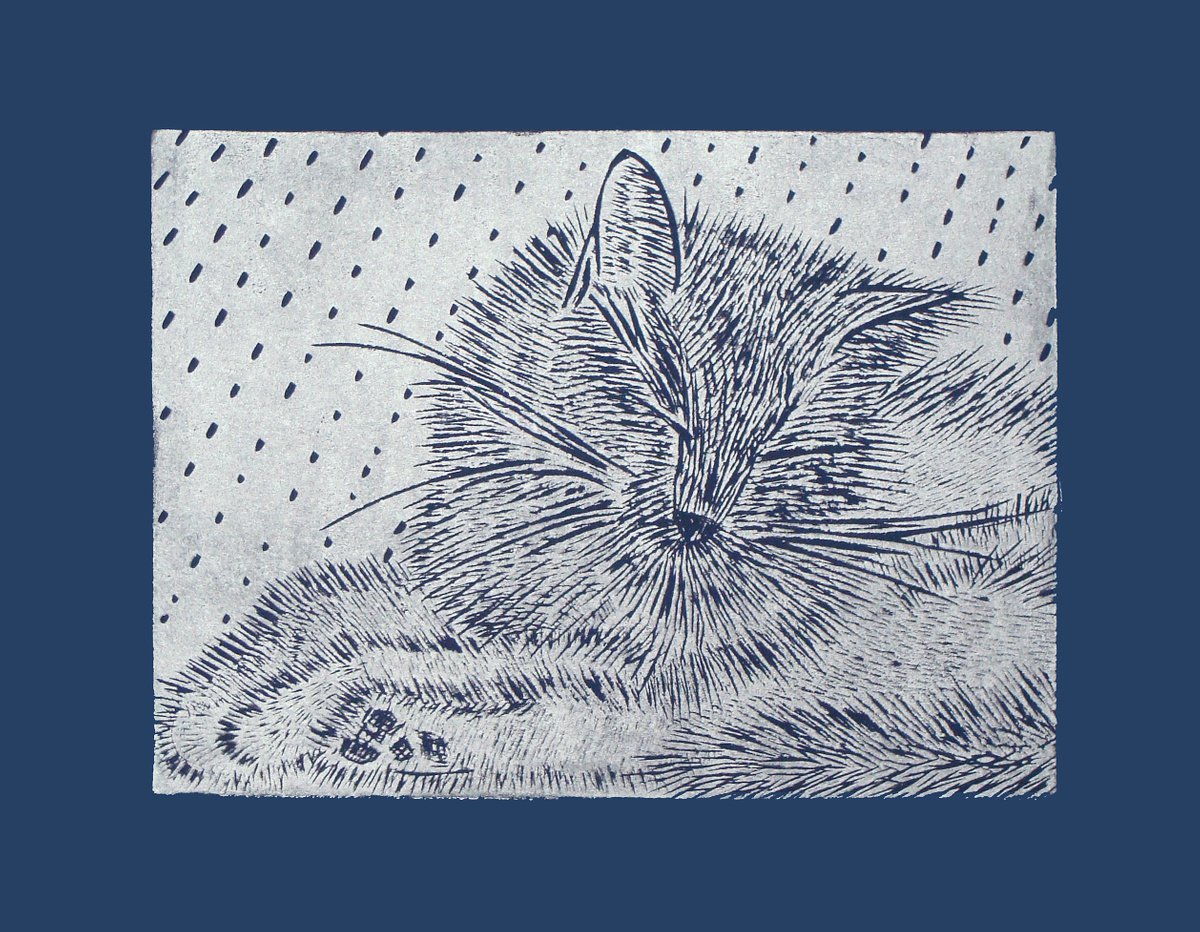 Impressionistic Animal Linocut By Angela Maher, 12 X 10, Resting, Original Artwork