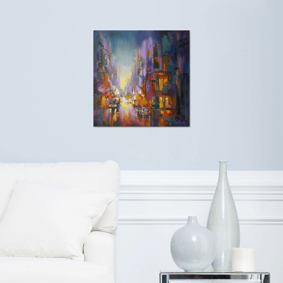 Painting Cityscape - Evening city, megapolis, evening lights, original oil art