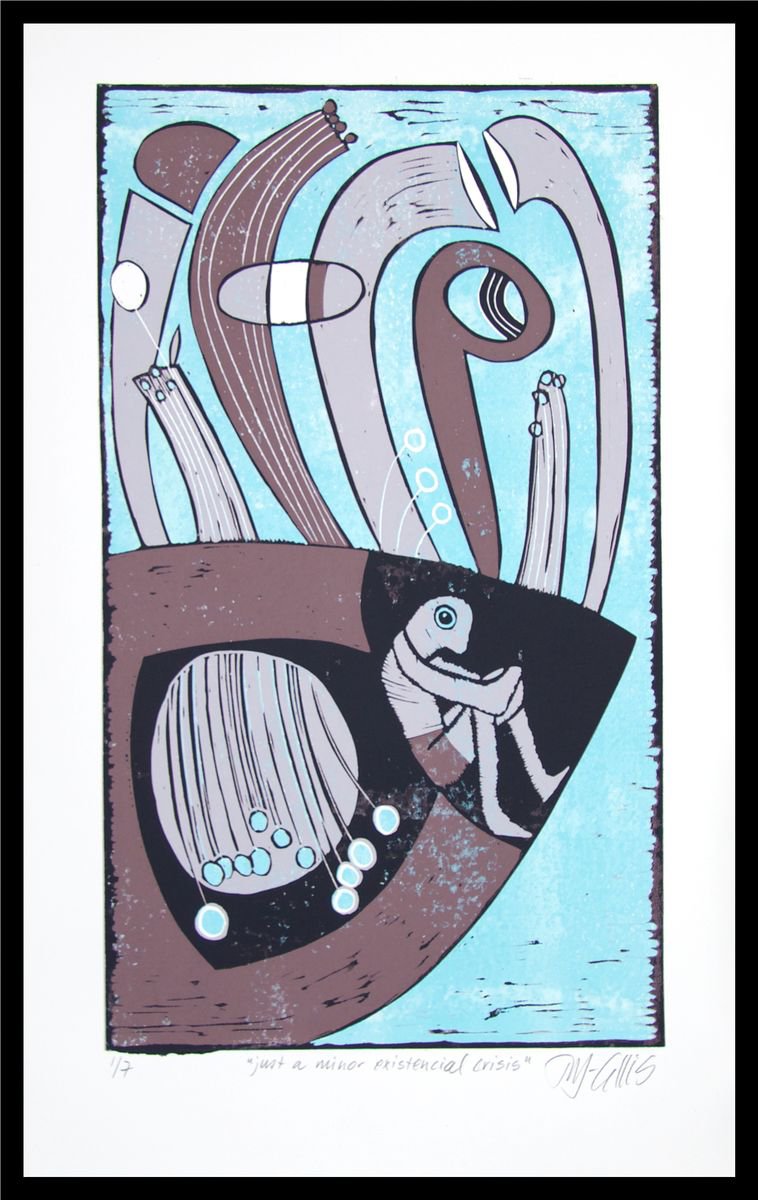 Just a Minor Existensial Crisis - linocut reduction by Mariann Johansen-Ellis