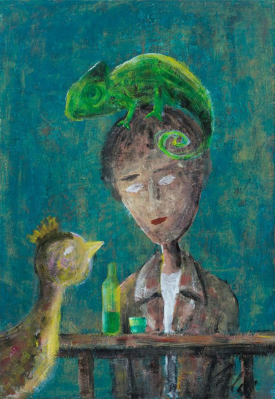The Poet drinking absinthe with bird and chameleon