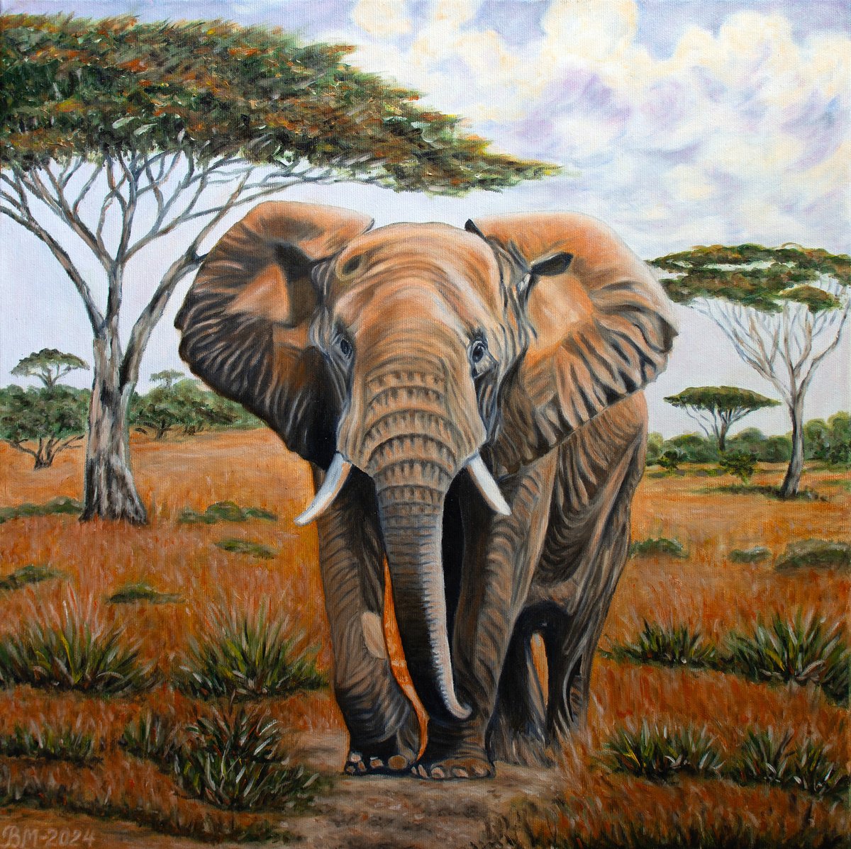 Impressionistic Animal Oil Painting By Vera Melnyk, 20 X 20", Elephant In The Wild, Original Artwork