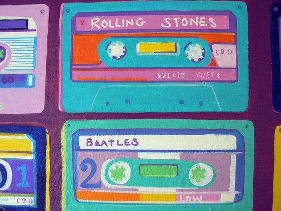 All in the mix #3 (cassette tapes, retro music, 70's, 80's rock culture, large canvas artwork)