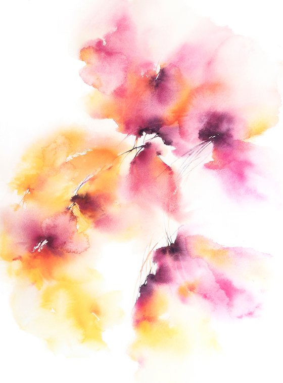 Delicate floral painting, watercolor loose flowers Spring spirit