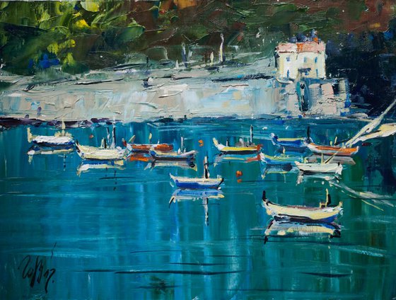 Vernazza. Cinqueterre, Italy. Original oil painting. Small size seascape impressionistic blue boats coast interior