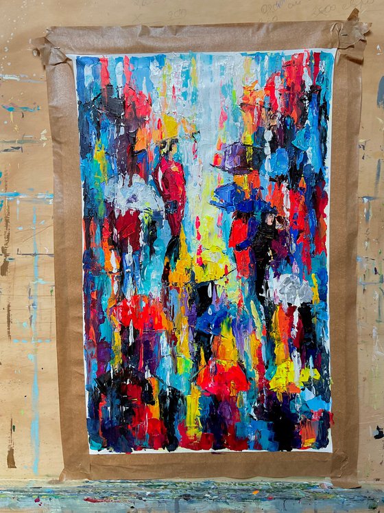 Bright umbrellas. Lady in pink