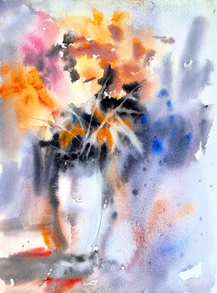 Graphic Watercolour , Flowers In Vase By Elena Genkin, 11 X 15, Artwork For Sale On Artfinder