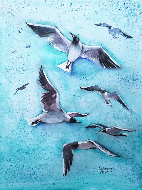 Seagulls. Seascape painting.