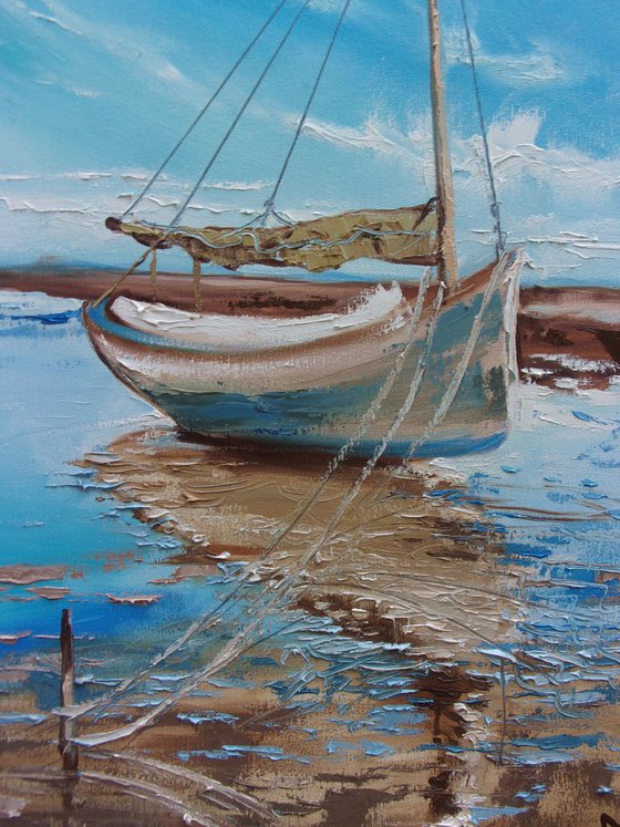 " SEASHORE ... " SHIP BOAT SAIL original painting palette knife GIFT MODERN URBAN ART OFFICE ART DECOR HOME DECOR GIFT IDEA