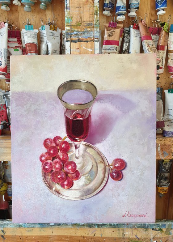 "Wine and grapes." still life summer grape liGHt original painting  GIFT (2020)