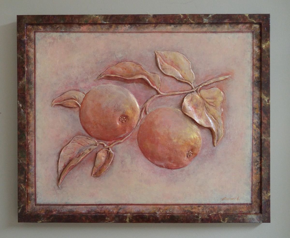 Golden apples - paper clay on carton board, one-of-a-kind bas-relief (22,5x18,5x1) by Alexander Koltakov