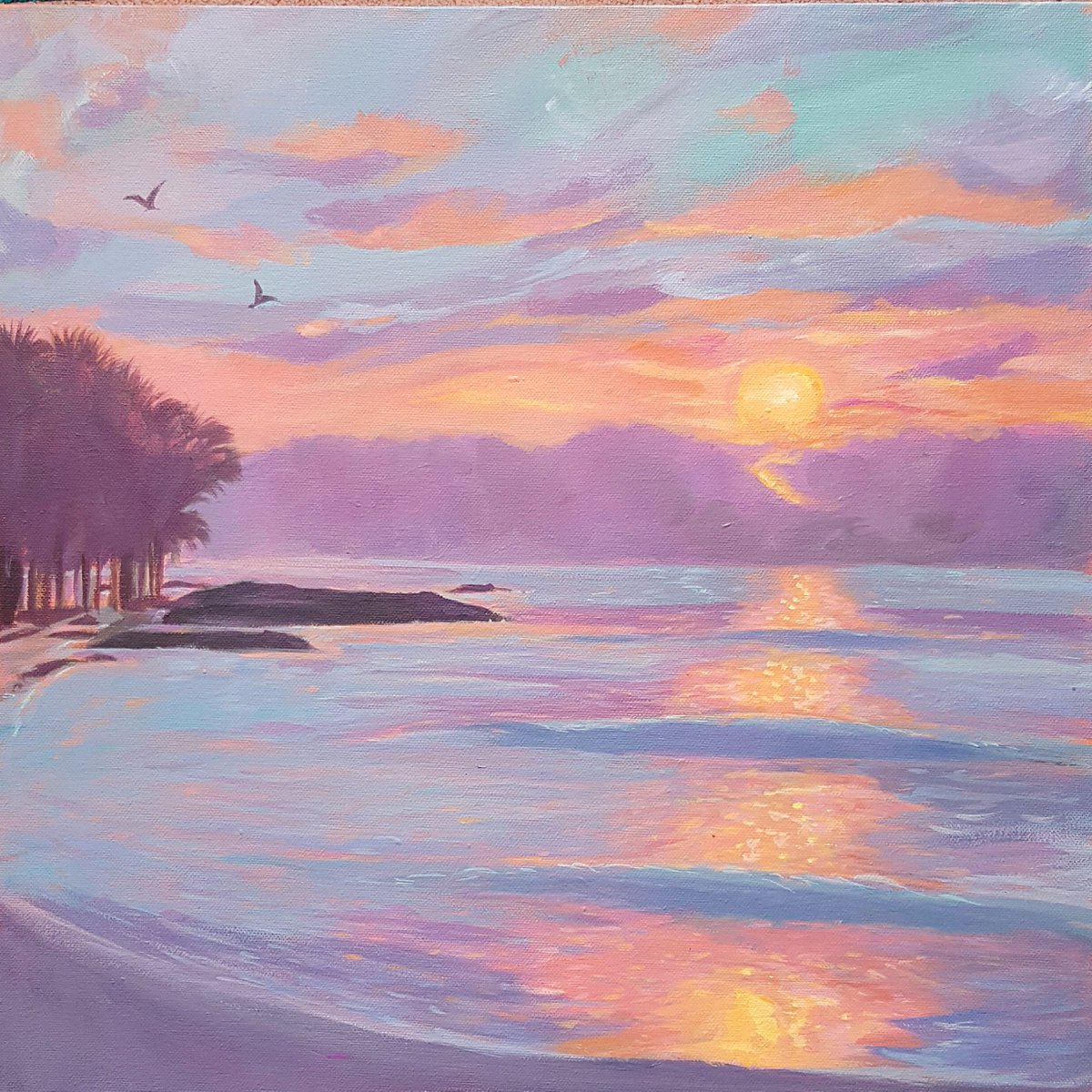Impressionistic Landscape Acrylic Painting By Mary Stubberfield, 20 X 20", Sunset Beach, Original Artwork
