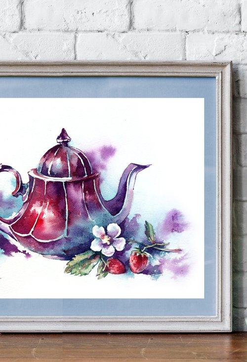 Modern still life "Tea drinking with strawberries" original watercolor sketch by Ksenia Selianko