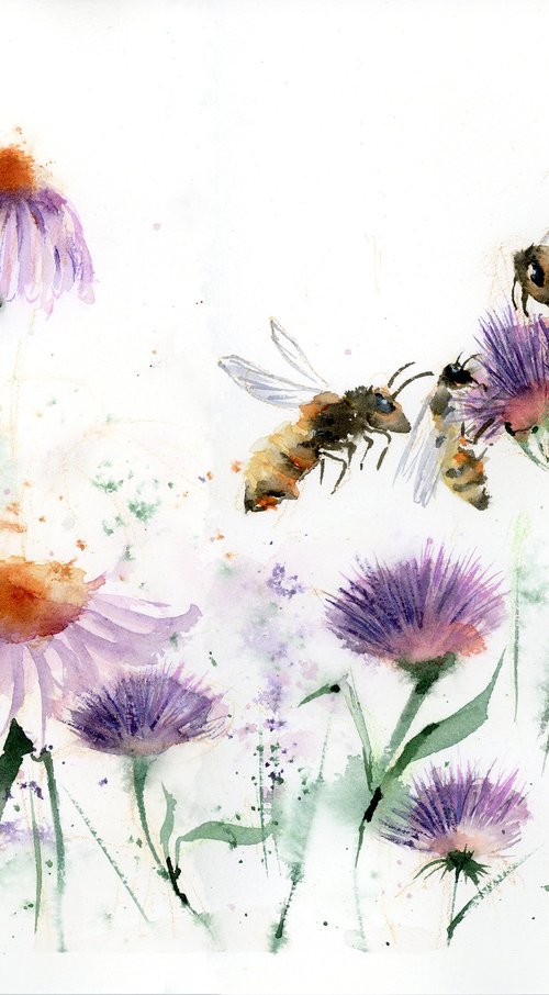 Bees Frolicking in Wildflower Paradise  -  Original Watercolor Painting by Olga Tchefranov (Shefranov)