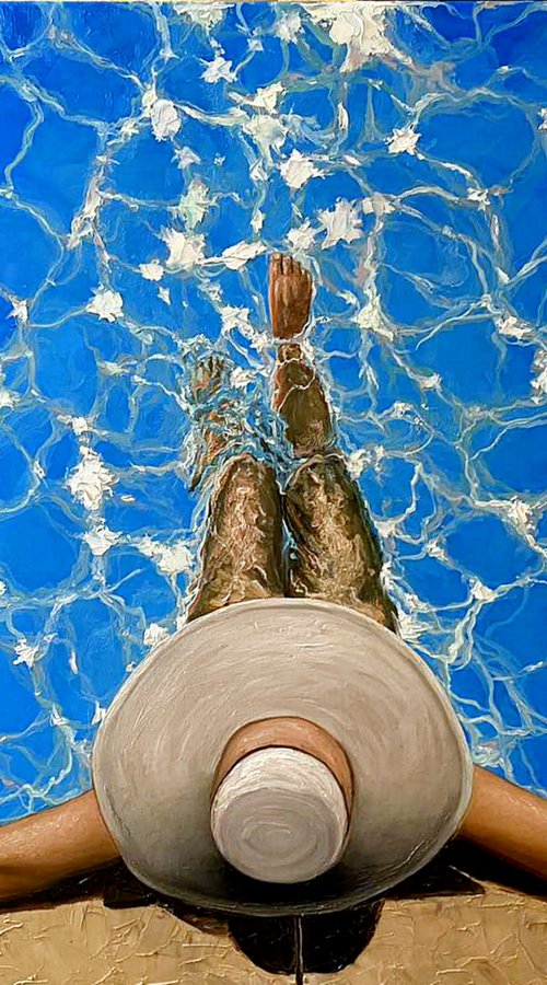 "Aqua Mood" 70 x 100 cm / woman in pool / photorealism / water/ summer by Elena Adele Dmitrenko