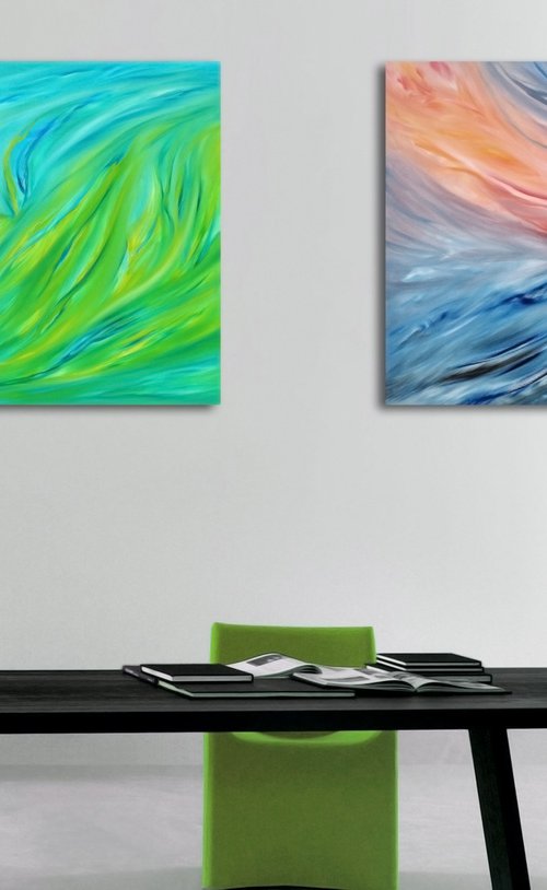 Composition of 2 artworks, Diptych, "Spring green" and "Red sunset on the sea", LARGE XXL 160X80 cm by Davide De Palma