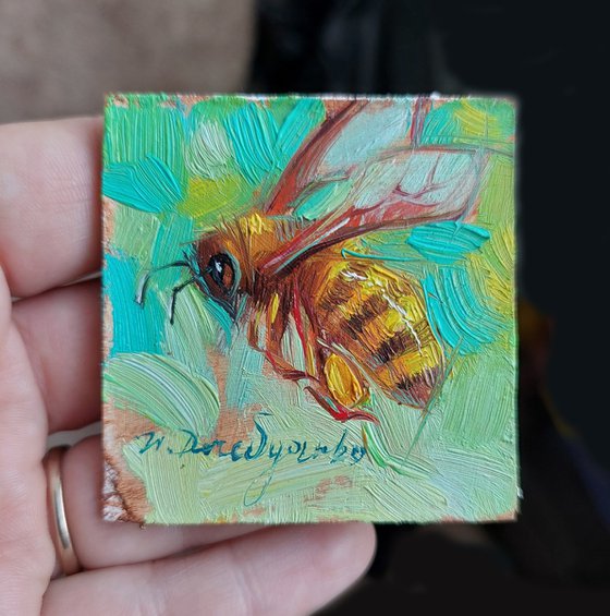 Turquoise Bee mini painting original, Bee oil art tiny painting, Bee artwork handpainted 2x2 in frame - Bee kind to yourself