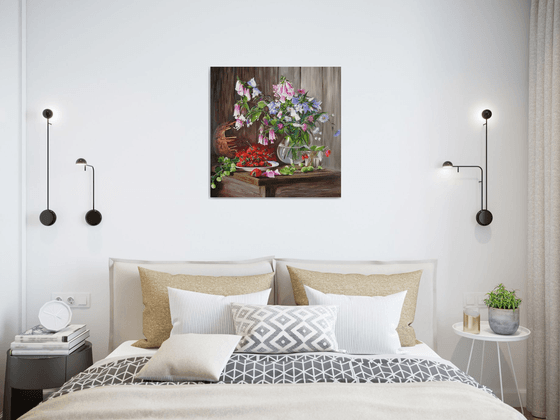 Strawberries and Bluebells, Rustic Still Life