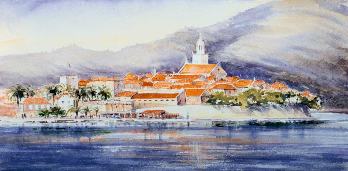 Impressionistic Cityscapes Watercolour By Eve Mazur, 16 X 8, Korcula, Croatia, Europe., Original Artwork