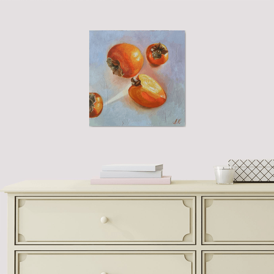 "Fragrant persimmon. "  still life liGHt original painting PALETTE KNIFE  GIFT (2021)