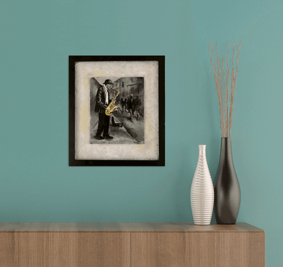 Street Saxophonist Original Oil painting Black and White on handmade paper Matted Black Frame