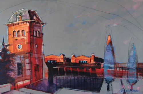 City at sunset - Old slaughterhouse tower by Olga David