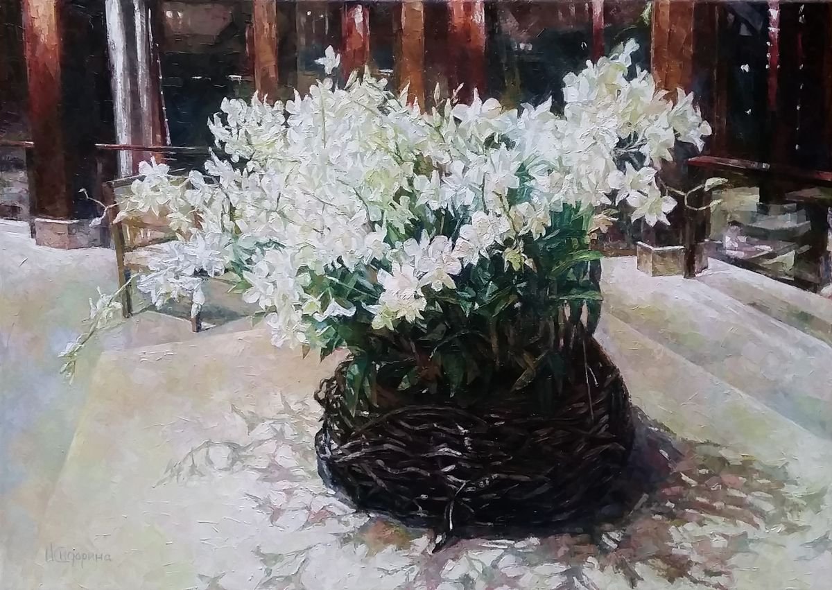 Impressionistic Still Life Oil Painting By Natalia Sidorina, 28 X 20", Orchids, Phuket, The Surin, Original Artwork