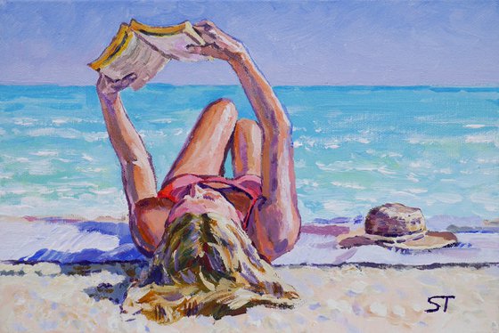 "GIRL, BOOK, SEA, BEACH." ORIGINAL  PAINTING, READY TO HANG, WALL DECOR, GIFT IDEA