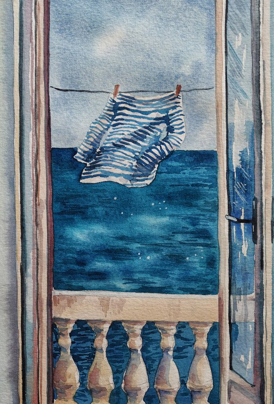 Vest in the wind - original watercolor striped shirt on a rope, mediterranean balcony, romance