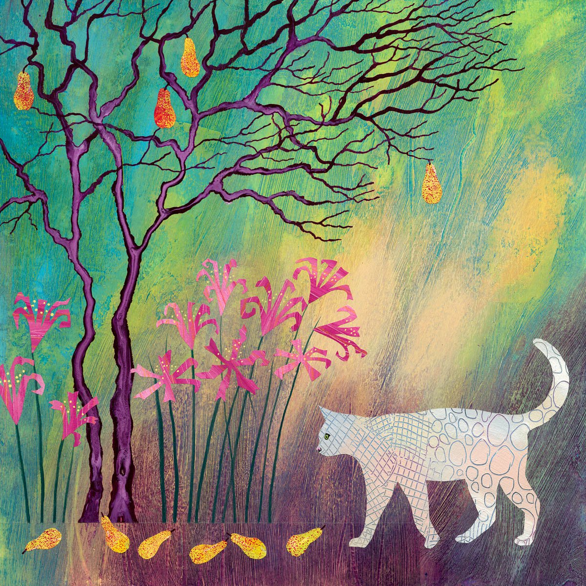 Illustrative Animal Painting By Rebecca Vincent, 14 X 14", White Cat With Pink Nerines, Original Artwork
