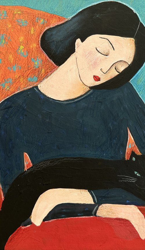 Girl with a Cat by Irina Anis