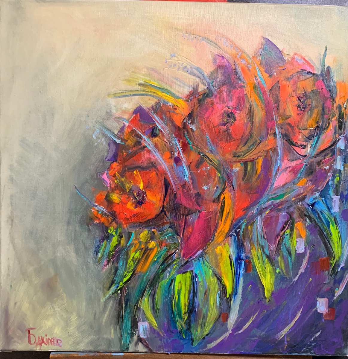 Urban And Pop Botanical Oil Painting By Leo Baxiner, 24 X 24", Gift, Original Artwork