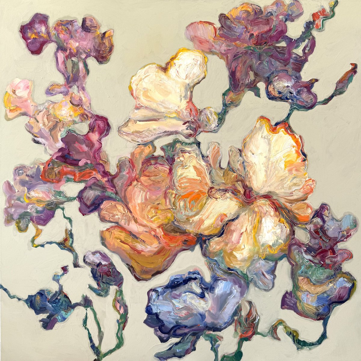 Abstract Still Life Oil Painting By Liubou Sas, 39 X 39", Flowers #4, Original Artwork