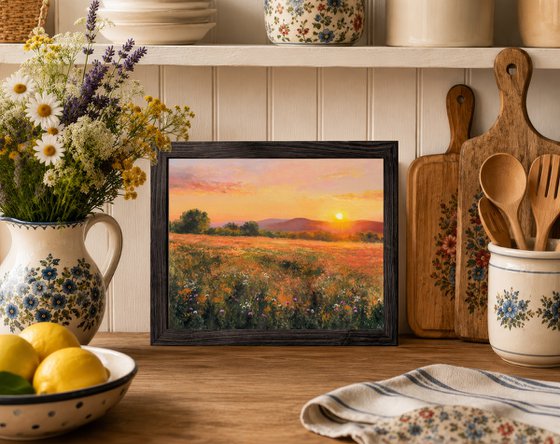 Golden sunset among wildflowers