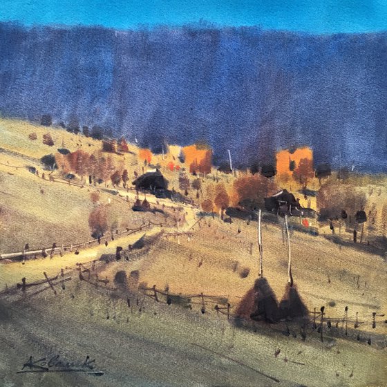 Watercolor autumn landscape in Carpathian