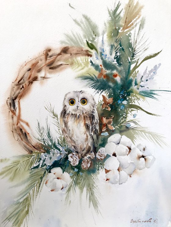 Owl and Christmas wreath