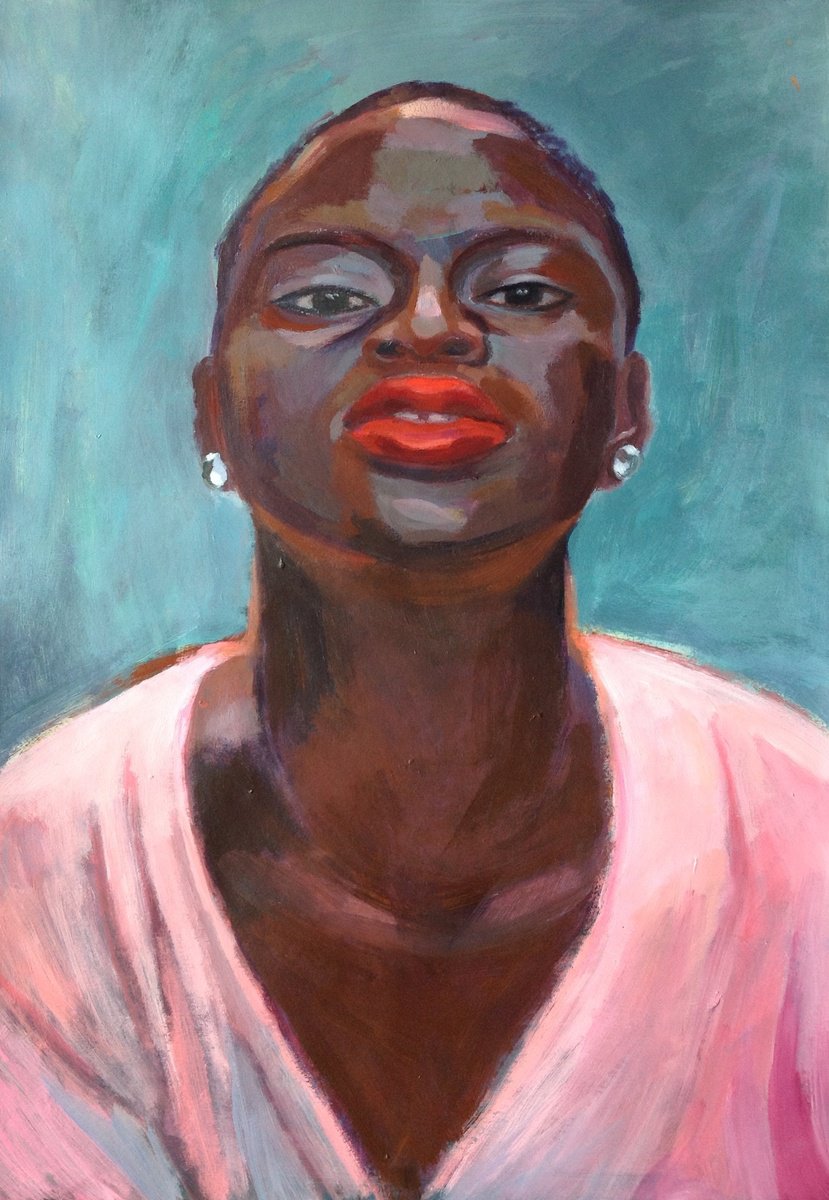 Expressive Portrait Acrylic Painting By Anyck Alvarez Kerloch, 16 X 23, Girl In Pink Blouse, Original Artwork