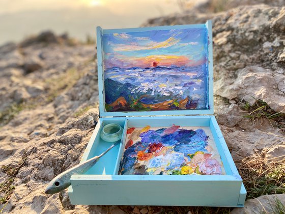 "Sunrise in Crimea mountains", 18*24cm, impressionistic oil mountains landscape etude painting