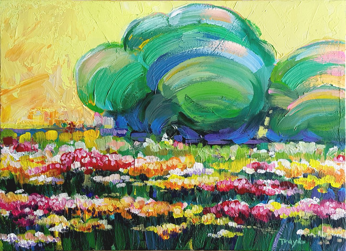 Abstract Acrylic Painting By Trayko Popov, 22 X 16", Forest, Meadow, Original Artwork