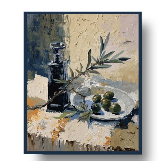 Olive Branch and Olive Oil Bottle.