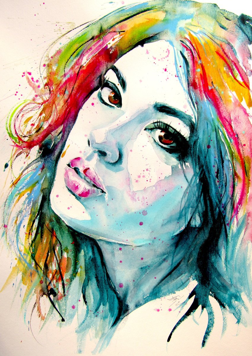 Impressionistic Watercolour , Charming Girl Vi By Kovacs Anna Brigitta, 20 X 28, Artwork For Sale On Artfinder