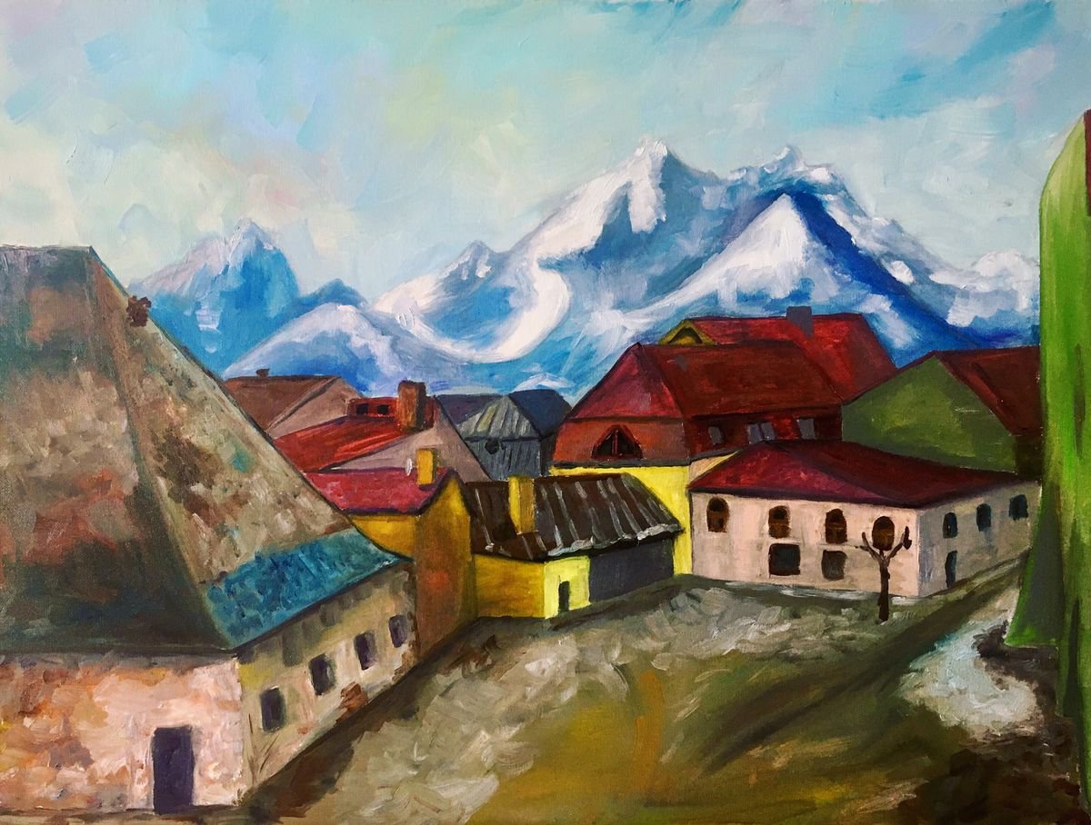 Slovak Original Oil Painting on Canvas Kezmarok. Mountain Town. by Kate Grishakova