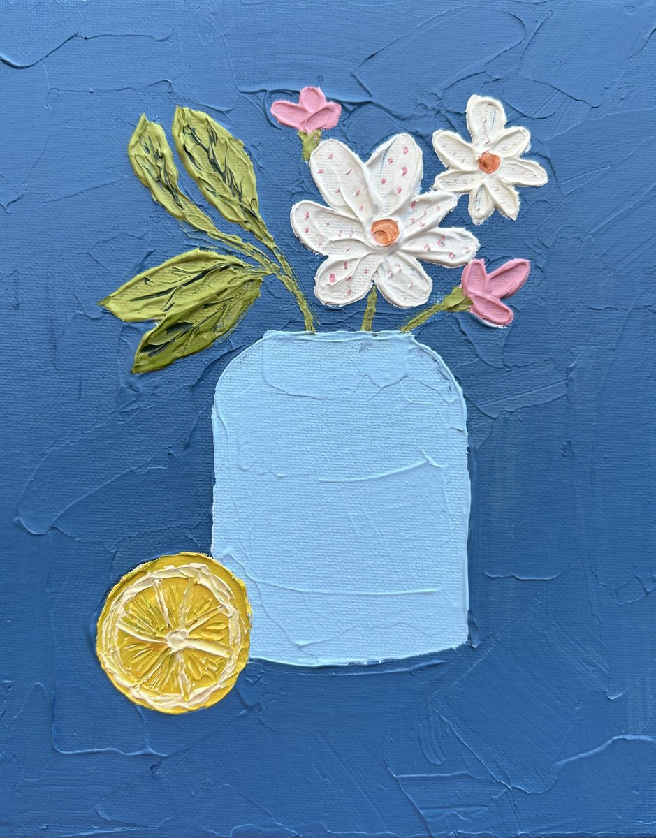 Impressionistic Still Life Acrylic Painting By Guzaliya Xavier, 8 X 10, Flowers And Lemon 1, Original Artwork