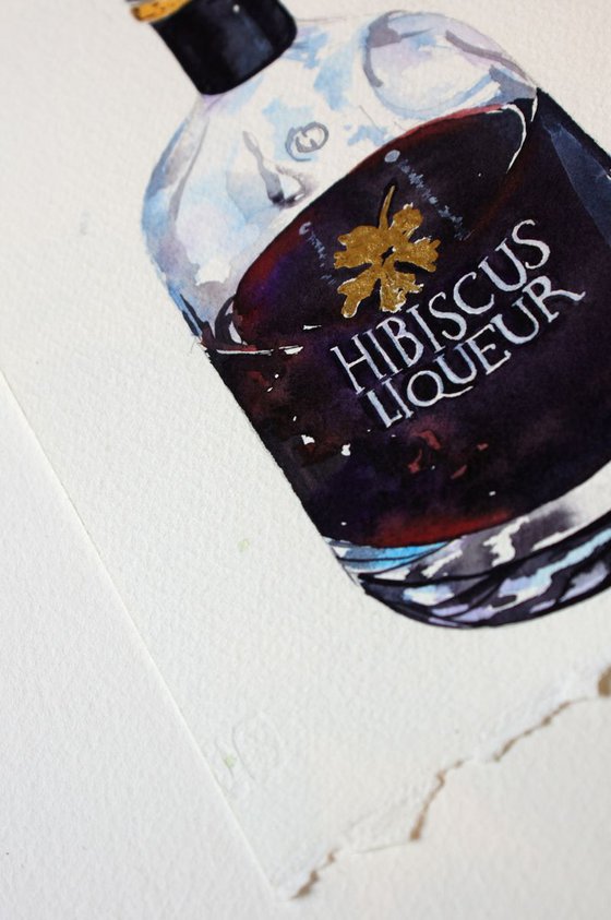 Original Watercolour Painting of Hibiscus Liqueur in a Bottle